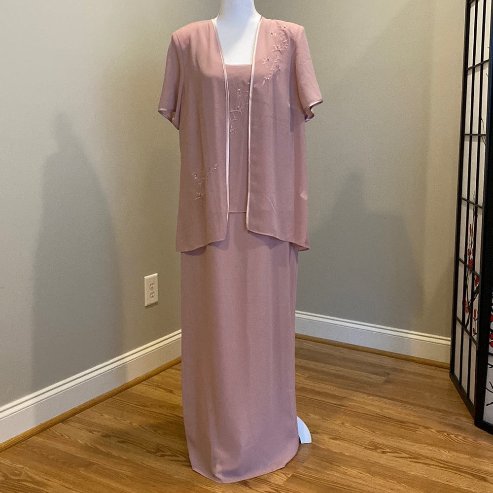 Rose Full-Length Evening Gown with Short-Sleeved Surcoat